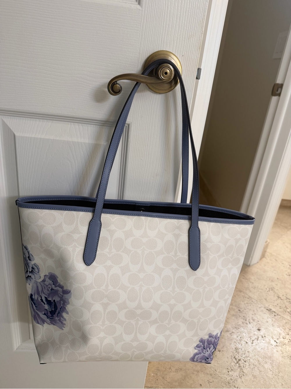 Coach Blue Floral Signature Canvas Tote with Leather Trim - Picture 2 of 5